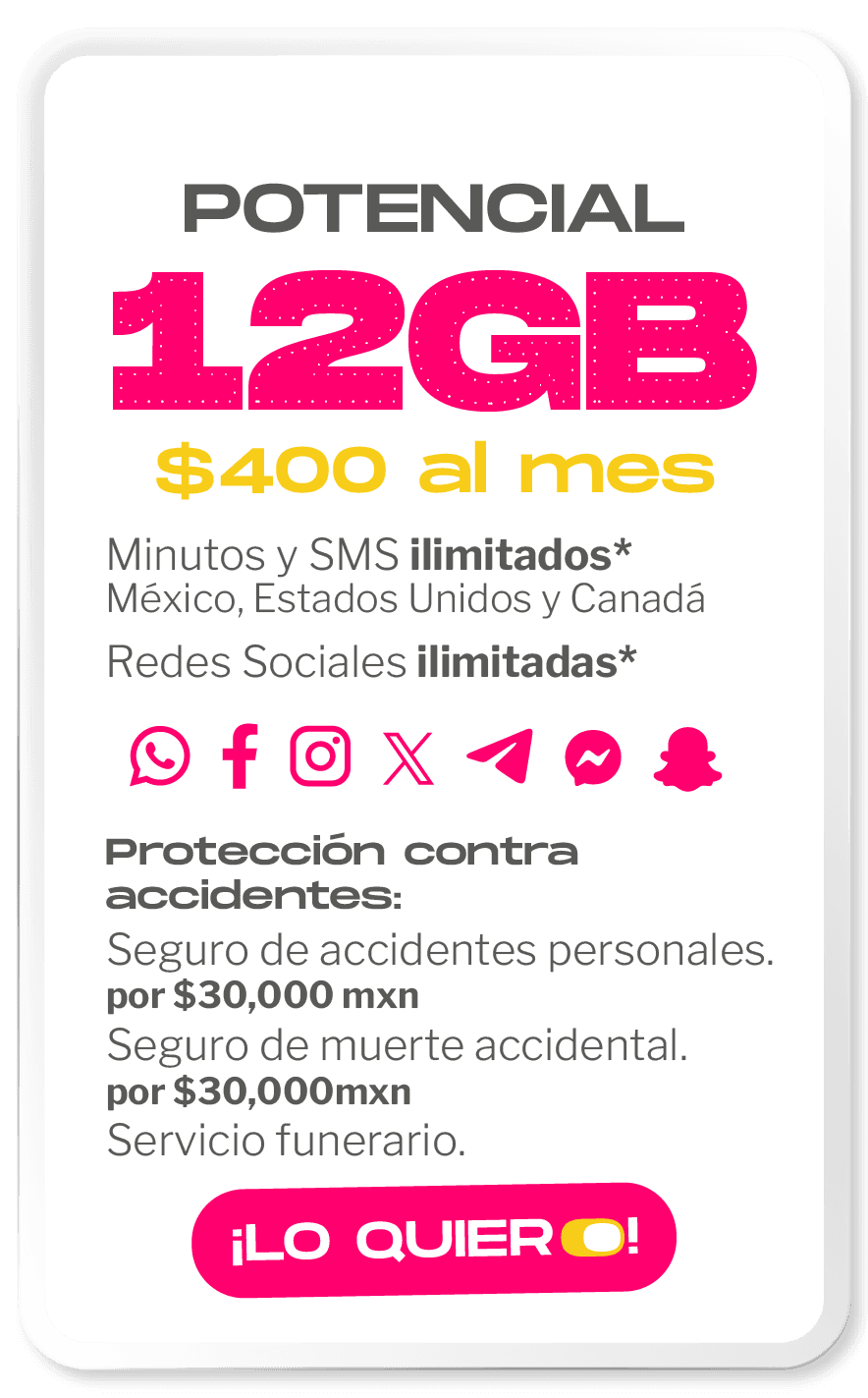 Plan POTENCIAL — 12 GB · $400 al mes
