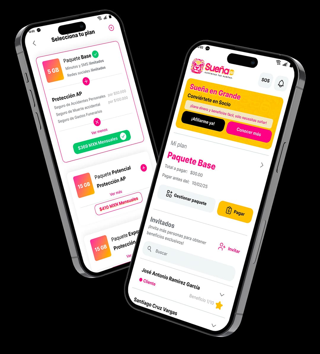 App Sueña en dos iPhones: pantalla de selección de plan con paquete Base 5GB y pantalla de socio con código U001 y red de invitados